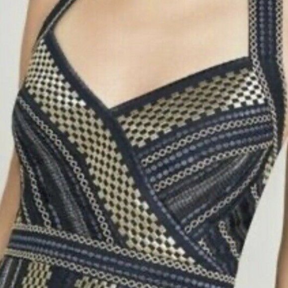 BCBG Metallic Navy Gold Handkerchief Dress Size 2 - Picture 2 of 10